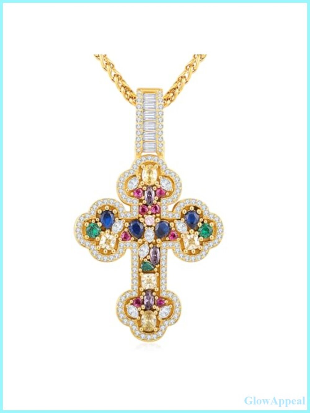 Gothic Cross Pendant Necklace Gold Plated with Colorful CZ Unisex Hip Hop 20"